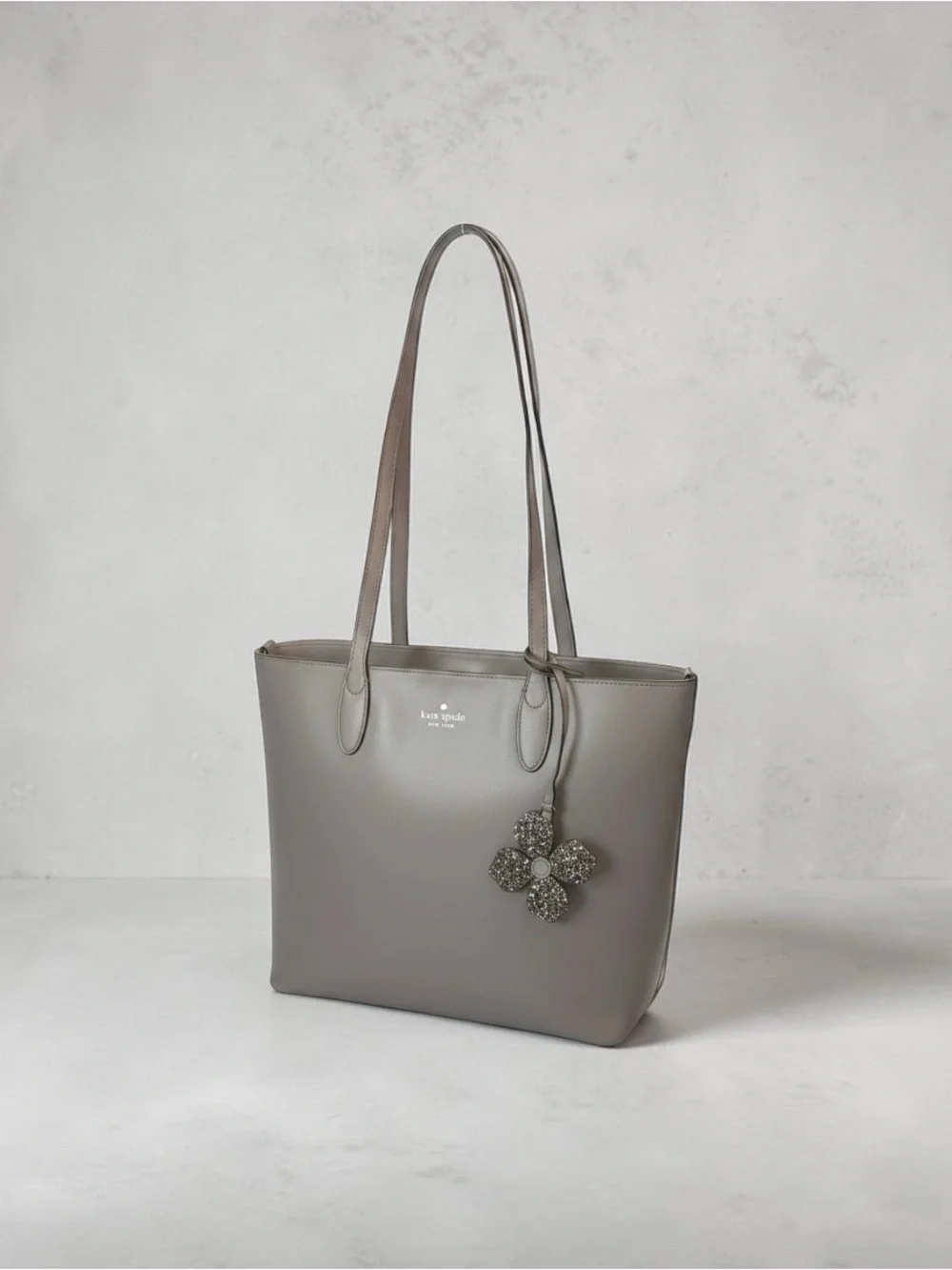 Kate Spade Kerri Medium Tote Bag Grey Leather Shoulder Purse Flower Charm